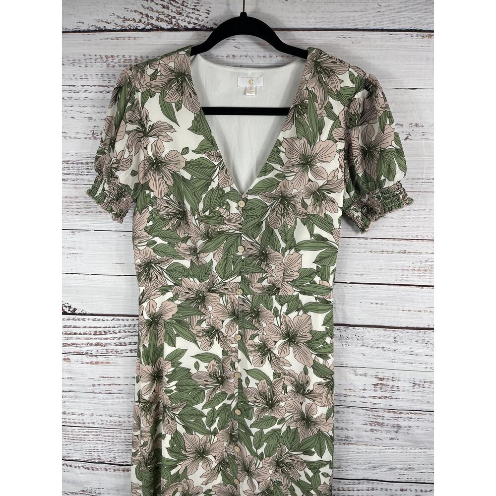 C Dress Women's Size Small Green Pink Floral Maxi Button Front Short Sleeve - Picture 3 of 9